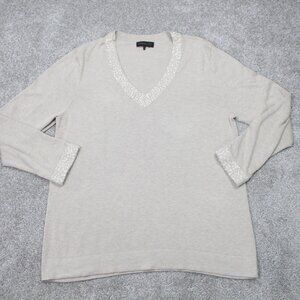 Donna‎ Karan New York Sweater Womens Large Beige V-Neck L/S Pullover Sweatshirt